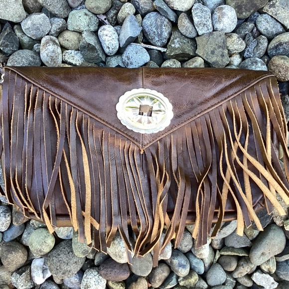 Western Boho Leather Fringe Silver Concho Clutch Handbag - Picture 9 of 10